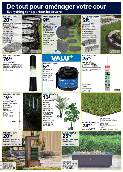 Économies sur l'aménagement extérieur et décoration dans la Circulaire Rona Circulaire Rona, page 11, proposant des produits pour aménager votre cour. On y trouve les dalles en caoutchouc à 9,59 $, les dalles patio 'Kendo' à partir de 7,49 $, la bordure de gazon à 5,99 $, la bordure 'Halo' à 5,49 $, le couvre-sol géotextile à 76,49 $, les piquets solaires à bulles à 19,99 $, le palmier artificiel à 39,99 $, la plante monstera artificielle à 59,99 $, le tapis gazon à 24,99 $, ainsi qu'un tube d'adhésif à bloc paysager 'PL600' à 5,39 $. La page présente également une fontaine à 159,00 $ et un chauffage d'extérieur de 48" x 15", 65 000 BTU à 449,00 $.
