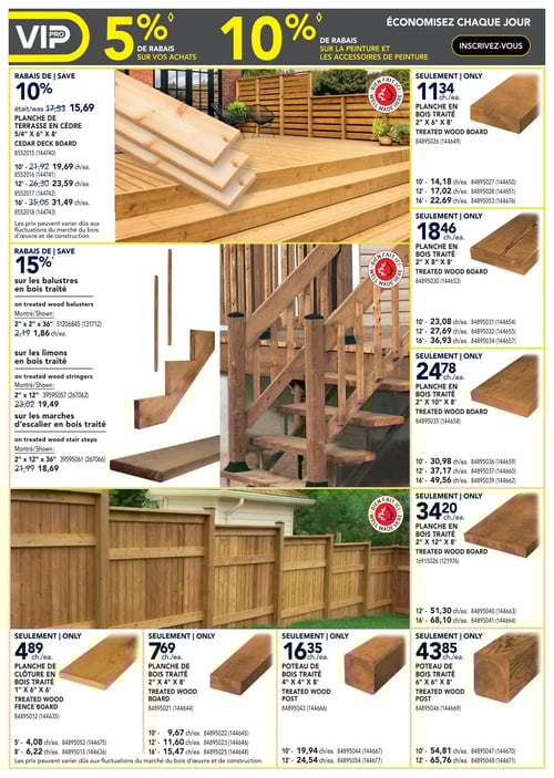 Planches et poteaux en bois traité en promotion dans la Circulaire Rona Circulaire Rona, produits de la page 16 : Planches en bois traité avec des prix variés, à partir de 34,20 $ pour certaines tailles, jusqu'à 4,08 $ pour les clôtures. Offres sur les poteaux de bois traité, commençant à 16,35 $ et allant jusqu'à 43,85 $, ainsi que des balustres en bois traité à 1,86 $ et des limons à 19,49 $. Des planches de terrasse en cèdre sont également disponibles à partir de 19,69 $.