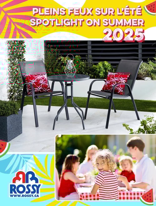 Mobilier extérieur pour un été convivial dans la Circulaire Rossy Circulaire Rossy - Pleins feux sur l'été 2025. Cette page présente un ensemble de mobilier extérieur incluant une table ronde et deux chaises avec des coussins décoratifs, dans un cadre estival et accueillant. En arrière-plan, on aperçoit une plante et un éclairage d'extérieur. En bas à droite, une image montre des enfants et des adultes profitant d'un repas en plein air, créant une atmosphère conviviale et festive. Disponible du 15 mai 2025 au 28 août 2025.