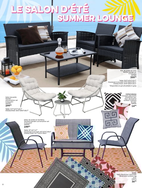 Ensembles de jardin et coussins décoratifs dans la Circulaire Rossy (page 2) Circulaire Rossy - Pleins feux sur l'été 2025. Page présentant différentes options de salons d'été avec plusieurs ensembles de jardin. On trouve un ensemble de jardin en rotin à 399,99 $, un ensemble de conversation en textilène à 199,99 $, et un ensemble en rattan à 299,99 $. Également disponibles des coussins décoratifs à 14,99 $ et un tapis d'extérieur réversible à 36,99 $.