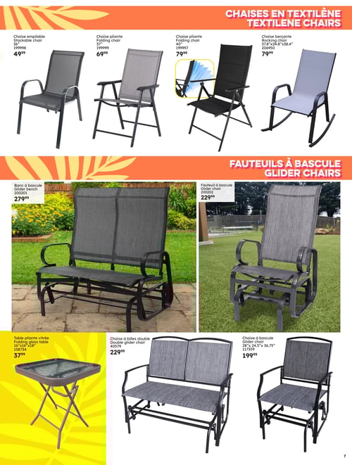 Chaises et meubles de jardin variés pour l'été dans la Circulaire Rossy Page de la circulaire Rossy mettant en avant une sélection de chaises et de meubles de jardin pour l'été 2025. On y trouve plusieurs modèles de chaises en textilène, dont la chaise empilable à 4,99 $, la chaise pliante à 6,99 $ et à 7,99 $. Les chaises berçantes sont proposées à 79,99 $. La page présente aussi des fauteuils à bascule avec le modèle à 229,99 $ et un banc à bascule à 279,99 $. En outre, on retrouve une table pliante vitrée à 37,99 $ ainsi qu'une chaise à billes double à 229,99 $ et un autre modèle de chaise à bascule à 199,99 $.