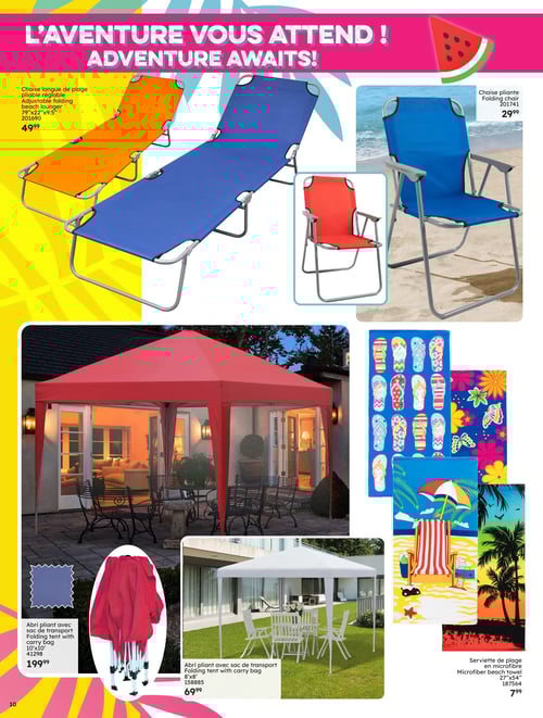Accessoires estivaux pratiques dans la Circulaire Rossy (page 10) Circulaire Rossy - Pleins feux sur l'été 2025. Sur cette page, vous trouverez une sélection d'accessoires pour profiter de l'été, incluant des chaises longues de plage ajustables, disponibles en plusieurs couleurs pour 49,99 $. Également, une chaise pliante au prix de 29,99 $. Vous trouverez aussi un abri pliant avec sac de transport à 19,99 $ et un autre abri similaire à 69,99 $. Enfin, des serviettes de plage en microfibre à 7,99 $ avec différents motifs colorés pour égayer vos journées au bord de l'eau.