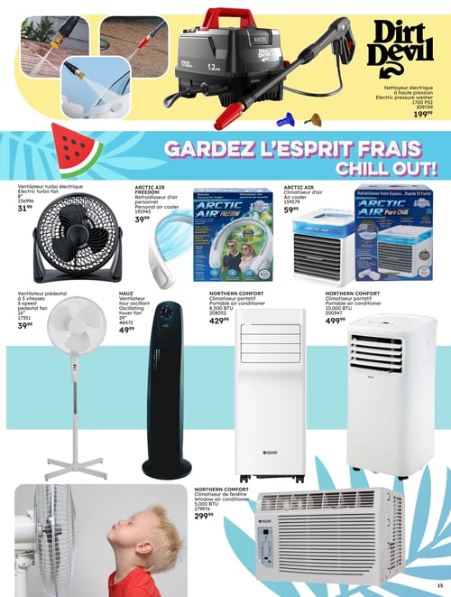Produits pour rester frais cet été dans la Circulaire Rossy Circulaire Rossy - Pleins feux sur l'été 2025. Cette page présente divers produits pour rester frais pendant l'été, incluant un nettoyeur électrique Dirt Devil à 199,99 $, un ventilateur turbo électrique à 31,99 $, un climatiseur Arctic Air Freedom à 39,99 $, et un ventilateur oscillant HAUZ à 49,99 $. On trouve également des climatiseurs portatifs Northern Comfort à 429,99 $ et 499,99 $, ainsi qu'un climatiseur de fenêtre Northern Comfort de 5 000 BTU à 299,99 $.