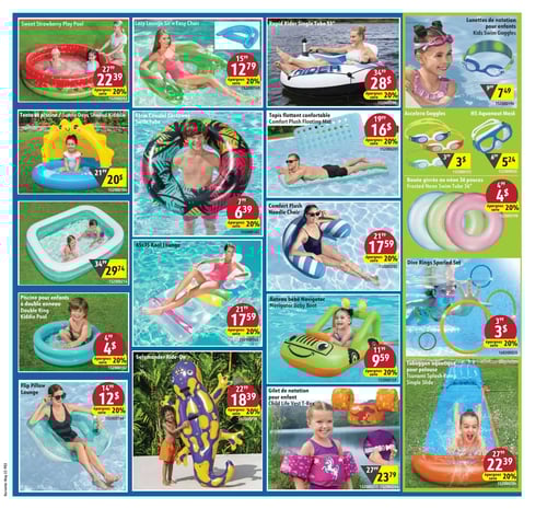 Sélection d'articles pour loisirs aquatiques dans la Circulaire Korvette Circulaire Korvette. Cette page présente une sélection d'articles de loisirs aquatiques pour enfants, avec plusieurs produits en promotion. On y trouve la piscine Sweet Strawberry Play Pool à 22,39 $, la chaise Lazy Lounge Si'n Easy Chair à 12,29 $ et le tube Rapid Rider Single Tube 53'' à 28,95 $, tous offrant un rabais de 20 %. Le tapis flottant Confort Plush Floating Mat est proposé à 16,95 $, également avec 20 % de rabais, tout comme le Noodle Chair Comfort Plush à 17,59 $. Le bateau bébé Navigator à 9,59 $ et le gilet de natation enfant à 18,39 $ bénéficient aussi d'une réduction de 20 %. Des produits supplémentaires incluent la piscine Double Ring Kiddie Pool à 4,54 $ et le Flip Pillow Lounge à 12,29 $. D'autres articles incluent des bouées, lunettes de natation et un toboggan aquatique, tous à prix réduit. Les promotions sont variées et incluent des économies sur des produits populaires pour l'été.
