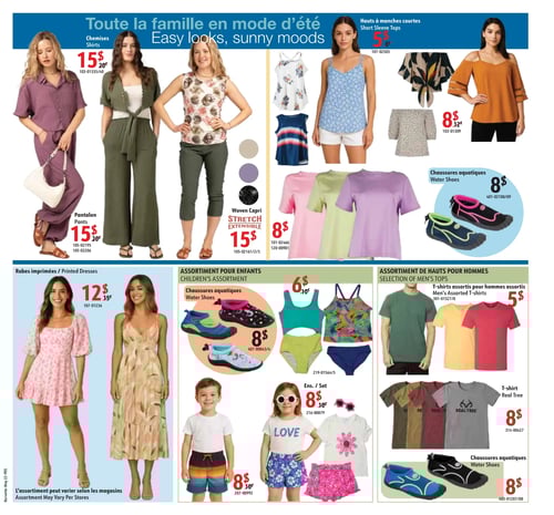Mode estivale pour toute la famille dans la Circulaire Korvette, page 5 Circulaire Korvette - Page 5 : Mode estivale pour toute la famille avec des chemises à 15 $, un pantalon à 15 $, une capri extensible à 15 $, et des hauts à manches courtes à 5 $. Les chaussures aquatiques sont à 8 $. Les robes imprimées se vendent à 12 $. L'assortiment pour enfants comprend des chaussettes aquatiques à 8 $, un ensemble à 8 $ et des maillots à 6,10 $. Un assortiment de hauts pour hommes propose des t-shirts à partir de 5 $ et des t-shirts Real Tree à 8 $. Les chaussures aquatiques sont à 8 $.
