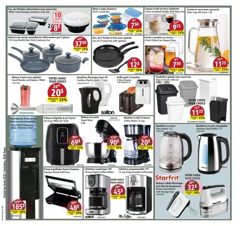 Articles de cuisine et ameublement dans la Circulaire Korvette, page 7 Circulaire Korvette valide du 22 mai 2025 au 4 juin 2025. Page présentant divers articles de cuisine et d'ameublement. On trouve entre autres un ensemble de 10 boîtes alimentaires avec couvercles à 8 $ (prix régulier 10 $), une boîte à repas de 30 pièces à 7,50 $ (prix régulier 9,99 $), un mixeur à main avec gobelet à 20 $ (économie de 25 %). On retrouve également un bouilloire électrique sans fil à 20 $ (économie de 26 %), une friteuse digitale à air à 99 $ (économie de 31 %), et une machine à café pour 12 tasses à 29 $ (économie de 20 %). D'autres produits incluent un batteur de sol à 69 $ (prix régulier 99 $) et une cafetière programmable à 45 $ (économie de 25 %). Cette page met en avant les choix des clients avec une section 'Votre choix votre choix'.