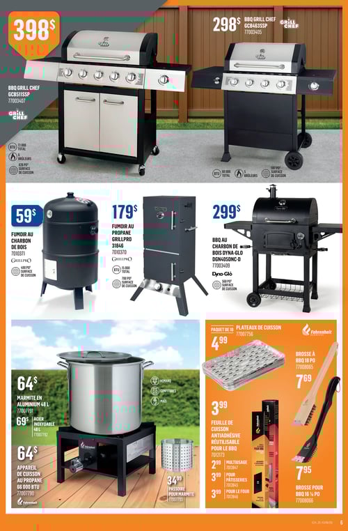 Sélection de barbecues et accessoires dans la Circulaire Canac (page 6) Circulaire Canac - Page 6 : Découvrez une sélection de barbecues et accessoires pour vos grillades. Le BBQ Grill Chef GCBI511SP est à 398 $, avec des caractéristiques de 72 000 BTU et 690 po² de surface de cuisson. Le BBQ Grill Chef CCB4633SP est disponible pour 298 $, offrant 60 000 BTU et 597 po² de surface. Le fumoir au charbon de bois GrillPro est à 59 $, alors que le fumoir au propane GrillPro coûte 179 $, avec 50 000 BTU. Le BBQ Dyna-Glo, au charbon de bois, est à 299 $. Pour vos préparations, la marmite en aluminium de 48 L est à 64 $, et l'appareil de cuisson au propane est aussi à 64 $. Les plateaux de cuisson sont à 4,99 $, tandis que la brosse à BBQ 18 po est à 7,69 $. Explorez ces offres pour vos repas en extérieur.