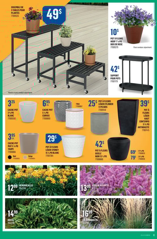 Produits de jardinage dans la Circulaire Canac (page 11) Circulaire Canac, page 11, présentant une variété de produits pour le jardinage. On trouve un ensemble de 3 tables pour plantes à 49 $, un pot à fleurs Hoop 7 ½ po bois de rose à 10 $, ainsi qu'un support pour pots à 42 $. Les cache-pots sont également mis en avant : 3,25 $ pour un cache-pot 3 % ½ po blanc, 6,95 $ pour un cache-pot 5 % ½ po curvys, et 3,95 $ pour un cache-pot mat 5 % ½ po taupe. D'autres pots à fleurs incluent le modèle léger Cylinder 11 po gris à 25 $, le pot à fleurs léger haut Contempo 11 ¼ po anthracite à 39 $, et le pot à fleurs léger Sydney 15 ½ po blanc à 29 $. En bas de la page, il y a des plantes avec des prix tels que Hemerocallis à 12,99 $, Astilbe assortis N° 2 à 13,99 $, Hosta à 14,99 $ et Calamagrostis à 16,99 $.