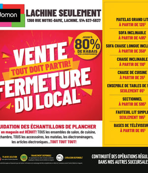 Première page de Circulaire Meubles Domon - Vente de fermeture, Lachine seulement
