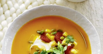 Potage aux Patates Douces et aux Lentilles Garniture Maïs et Chorizo
