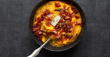 Purée de Patates Douces, avec Crumble de Bacon et Chorizo