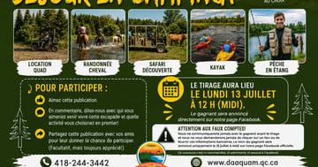 Concours Gagnez un séjour en camping et un crédit de 200$ pour des activités à Chalets Villégiature et Pourvoirie Daaquam!