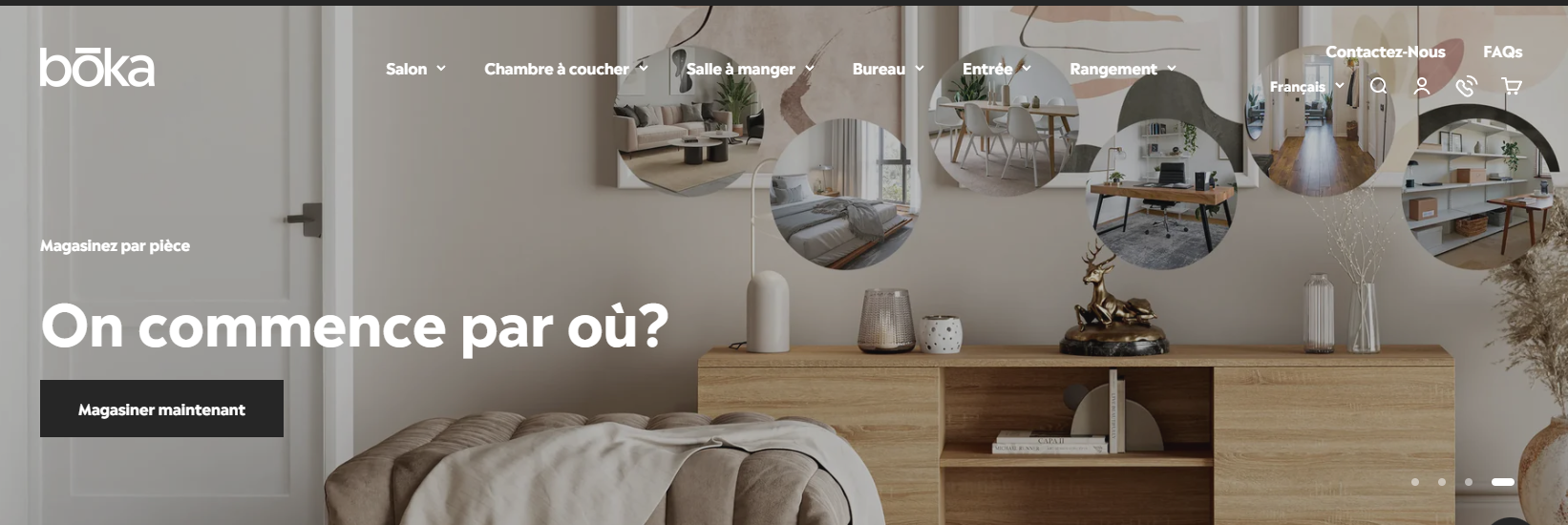 Bannière du site web ​bōka présentant une interface moderne avec des catégories pour le salon, la chambre, la salle à manger, le bureau et le rangement.