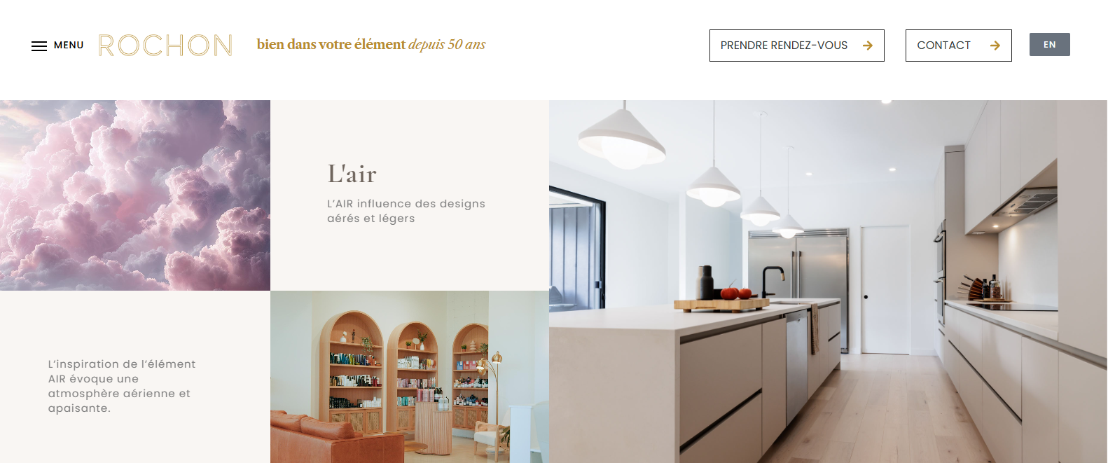 Cuisine moderne et épurée aux tons clairs, inspirée de l’élément "Air", avec un design minimaliste, des luminaires suspendus et une ambiance lumineuse et apaisante de chez Cuisines Rochon