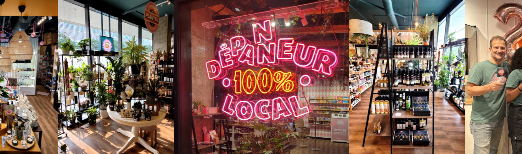 Dépanneur 100% Local - Toutes les Choses Parfaites Intérieur chaleureux du Dépanneur 100% Local – Toutes les choses parfaites, mettant en valeur des produits locaux, des plantes d’intérieur et une sélection de bières et vins du Québec. Devanture avec enseigne néon rose « Dépanneur 100% Local ». Atmosphère conviviale et écoresponsable à Montréal.