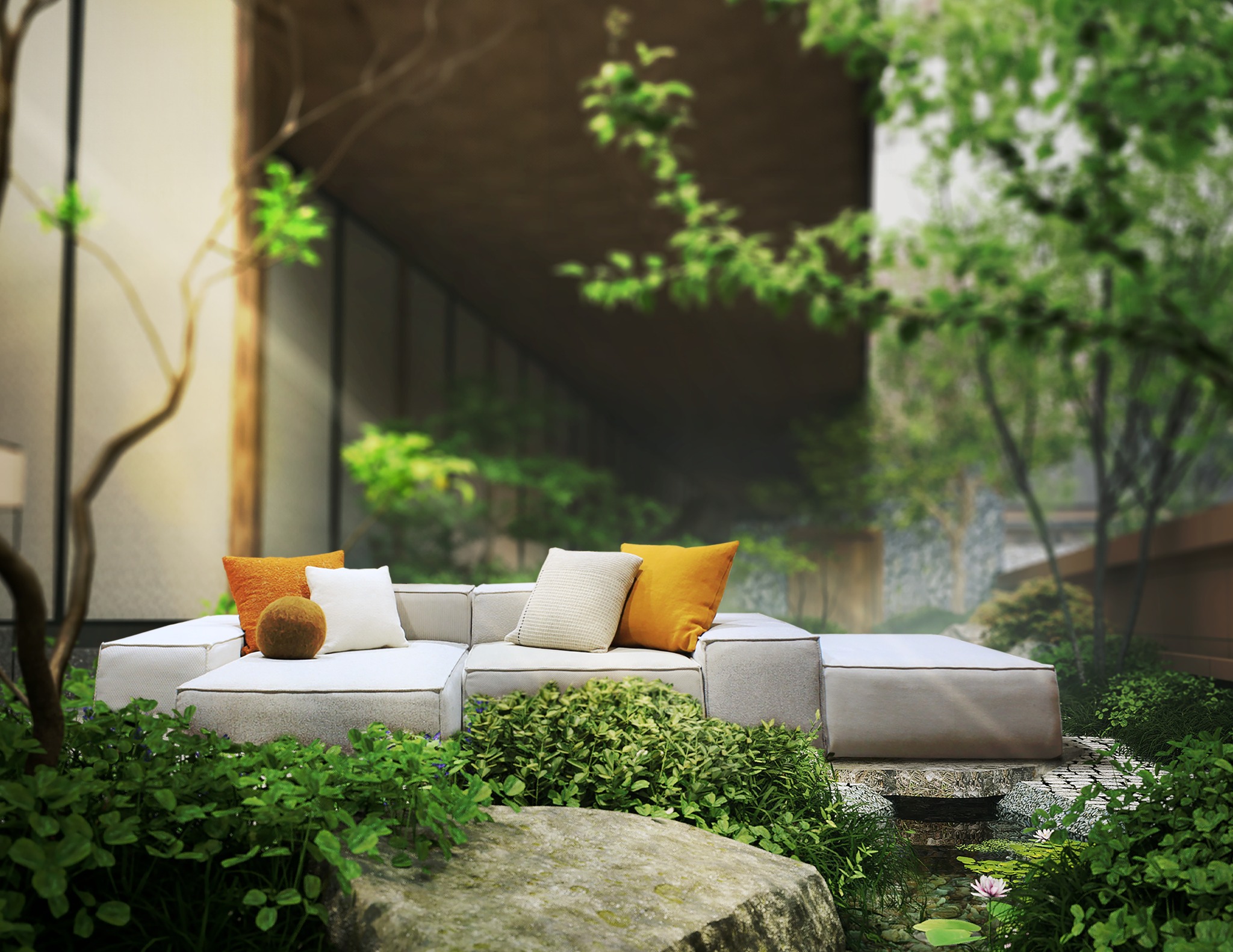 Canapé d’extérieur moderne et confortable, entouré de verdure luxuriante dans un jardin zen, avec coussins aux tons naturels et ambiance apaisante de chez Meubles Perez