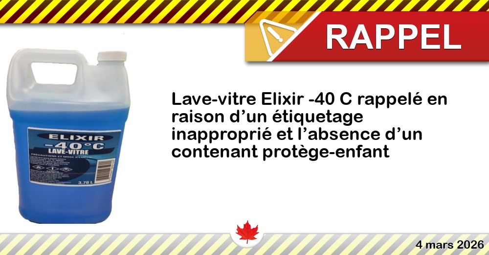 Image du rappel: Lave-vitre Elixir -40 C rappelé en raison d’un étiquetage inapproprié et l’absence d’un contenant protège-enfant