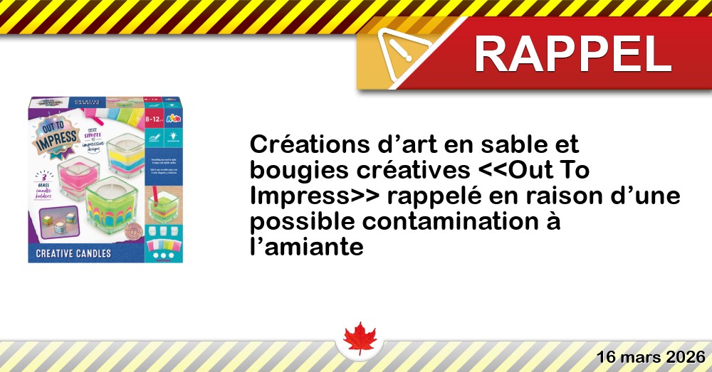 Image du rappel: Créations d’art en sable et bougies créatives <<Out To Impress>> rappelé en raison d’une possible contamination à l’amiante