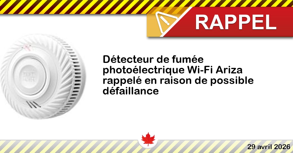 Détecteur de fumée photoélectrique Wi-Fi Ariza rappelé en raison de possible défaillance Image du rappel: Détecteur de fumée photoélectrique Wi-Fi Ariza rappelé en raison de possible défaillance