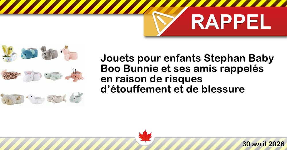 Jouets pour enfants Stephan Baby Boo Bunnie et ses amis rappelés en raison de risques d’étouffement et de blessure Image du rappel: Jouets pour enfants Stephan Baby Boo Bunnie et ses amis rappelés en raison de risques d’étouffement et de blessure