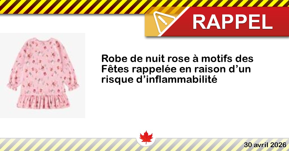 Robe de nuit rose à motifs des Fêtes rappelée en raison d’un risque d’inflammabilité Image du rappel: Robe de nuit rose à motifs des Fêtes rappelée en raison d’un risque d’inflammabilité