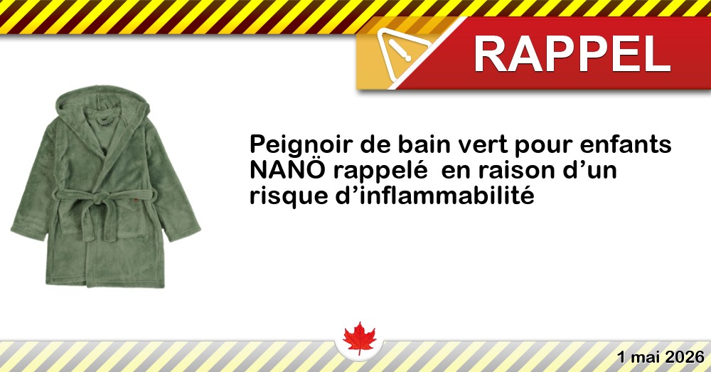 Peignoir de bain vert pour enfants NANÖ rappelé en raison d’un risque d’inflammabilité Image du rappel: Peignoir de bain vert pour enfants NANÖ rappelé en raison d’un risque d’inflammabilité