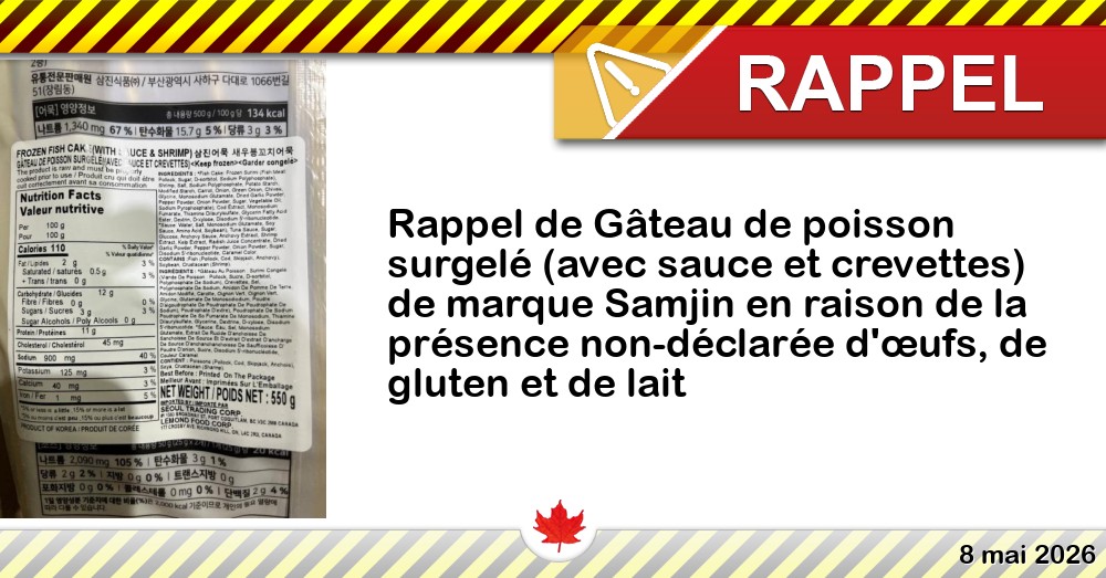 Rappel de Gâteau de poisson surgelé (avec sauce et crevettes) de marque Samjin en raison de la présence non-déclarée d'œufs, de gluten et de lait Image du rappel: Rappel de Gâteau de poisson surgelé (avec sauce et crevettes) de marque Samjin en raison de la présence non-déclarée d'œufs, de gluten et de lait