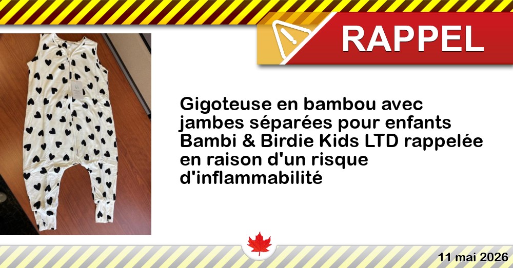 Gigoteuse en bambou avec jambes séparées pour enfants Bambi & Birdie Kids LTD rappelée en raison d'un risque d'inflammabilité Image du rappel: Gigoteuse en bambou avec jambes séparées pour enfants Bambi & Birdie Kids LTD rappelée en raison d'un risque d'inflammabilité
