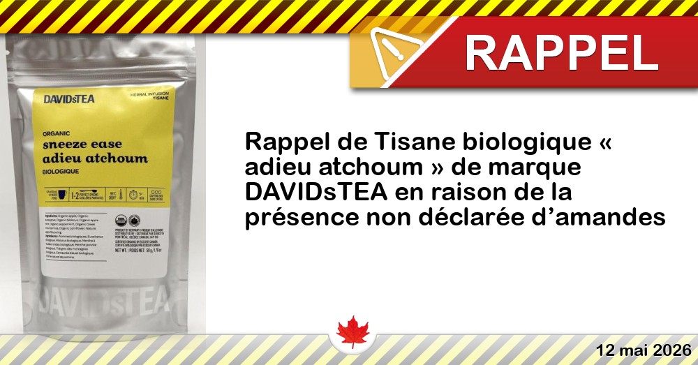 Rappel de Tisane biologique « adieu atchoum » de marque DAVIDsTEA en raison de la présence non déclarée d’amandes Image du rappel: Rappel de Tisane biologique « adieu atchoum » de marque DAVIDsTEA en raison de la présence non déclarée d’amandes