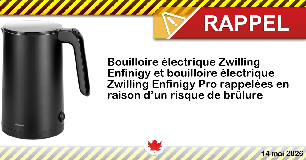 Bouilloire électrique Zwilling Enfinigy et bouilloire électrique Zwilling Enfinigy Pro rappelées en raison d’un risque de brûlure Image du rappel: Bouilloire électrique Zwilling Enfinigy et bouilloire électrique Zwilling Enfinigy Pro rappelées en raison d’un risque de brûlure