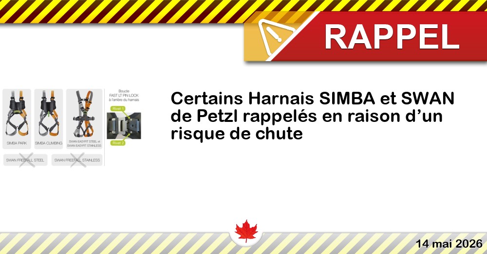 Certains Harnais SIMBA et SWAN de Petzl rappelés en raison d’un risque de chute Image du rappel: Certains Harnais SIMBA et SWAN de Petzl rappelés en raison d’un risque de chute