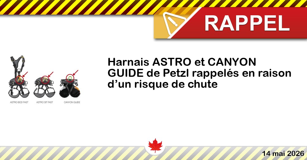 Harnais ASTRO et CANYON GUIDE de Petzl rappelés en raison d’un risque de chute Image du rappel: Harnais ASTRO et CANYON GUIDE de Petzl rappelés en raison d’un risque de chute