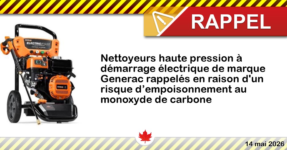 Nettoyeurs haute pression à démarrage électrique de marque Generac rappelés en raison d'un risque d’empoisonnement au monoxyde de carbone Image du rappel: Nettoyeurs haute pression à démarrage électrique de marque Generac rappelés en raison d'un risque d’empoisonnement au monoxyde de carbone