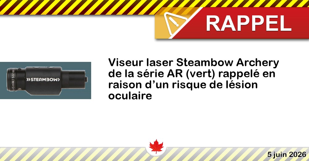 Viseur laser Steambow Archery de la série AR (vert) rappelé en raison d’un risque de lésion oculaire Image du rappel: Viseur laser Steambow Archery de la série AR (vert) rappelé en raison d’un risque de lésion oculaire