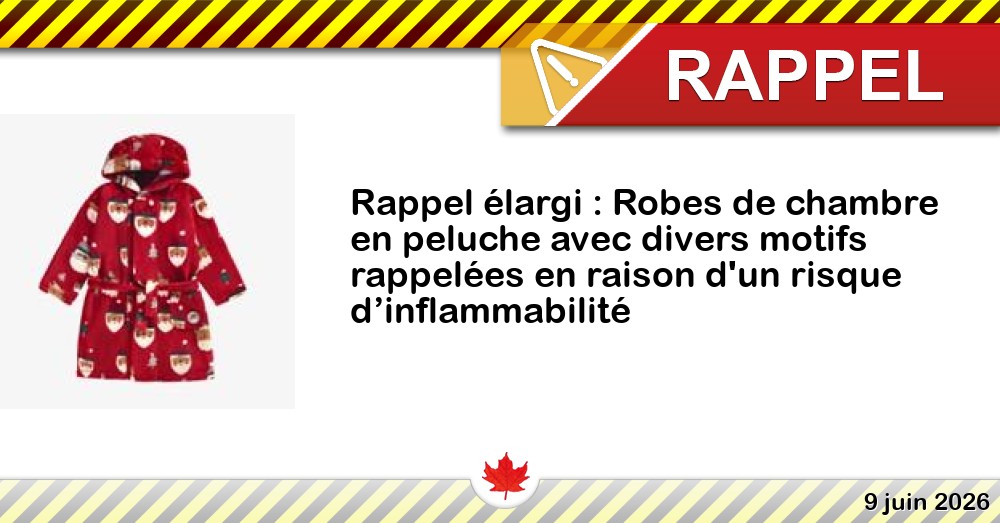 Rappel élargi : Robes de chambre en peluche avec divers motifs rappelées en raison d'un risque d’inflammabilité Image du rappel: Rappel élargi : Robes de chambre en peluche avec divers motifs rappelées en raison d'un risque d’inflammabilité