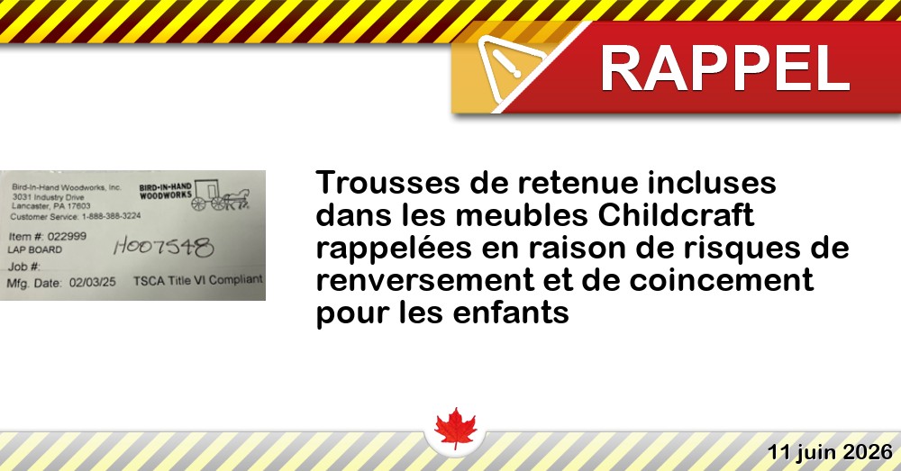 Trousses de retenue incluses dans les meubles Childcraft rappelées en raison de risques de renversement et de coincement pour les enfants Image du rappel: Trousses de retenue incluses dans les meubles Childcraft rappelées en raison de risques de renversement et de coincement pour les enfants