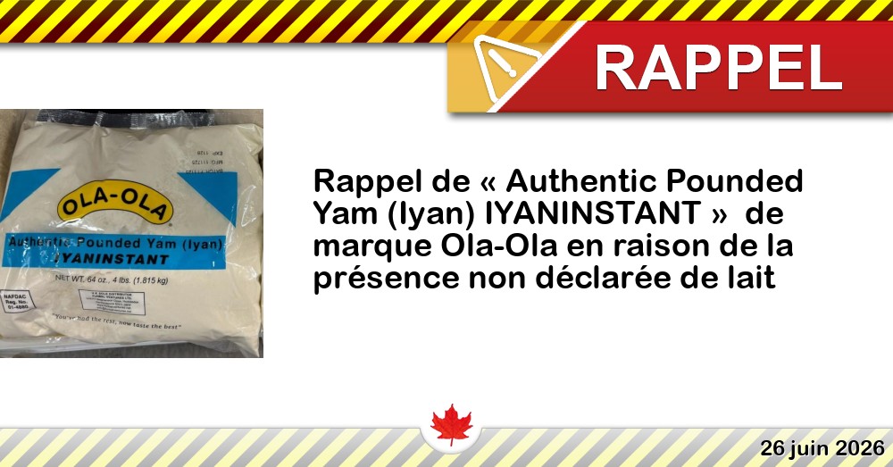 Rappel de « Authentic Pounded Yam (Iyan) IYANINSTANT » de marque Ola-Ola en raison de la présence non déclarée de lait Image du rappel: Rappel de « Authentic Pounded Yam (Iyan) IYANINSTANT » de marque Ola-Ola en raison de la présence non déclarée de lait
