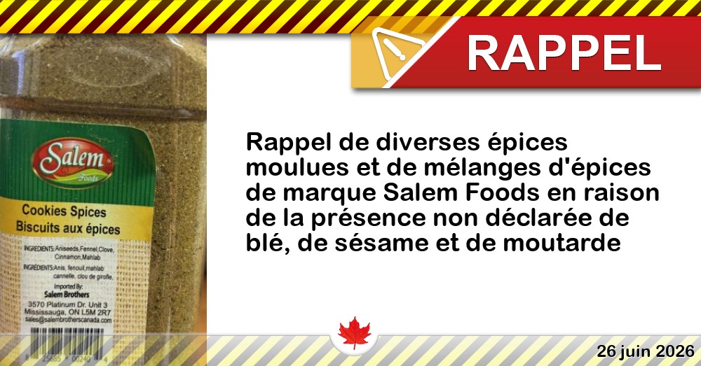 Rappel de diverses épices moulues et de mélanges d'épices de marque Salem Foods en raison de la présence non déclarée de blé, de sésame et de moutarde Image du rappel: Rappel de diverses épices moulues et de mélanges d'épices de marque Salem Foods en raison de la présence non déclarée de blé, de sésame et de moutarde