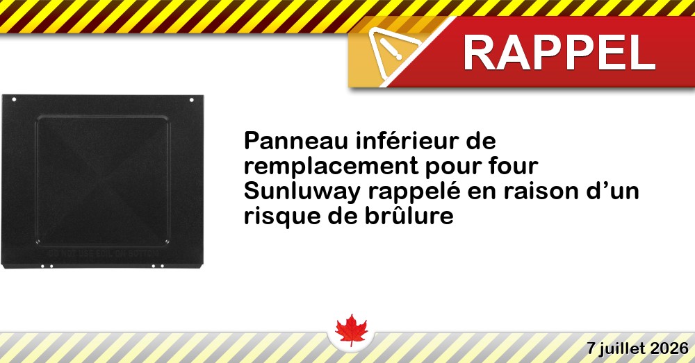 Panneau inférieur de remplacement pour four Sunluway rappelé en raison d’un risque de brûlure Image du rappel: Panneau inférieur de remplacement pour four Sunluway rappelé en raison d’un risque de brûlure