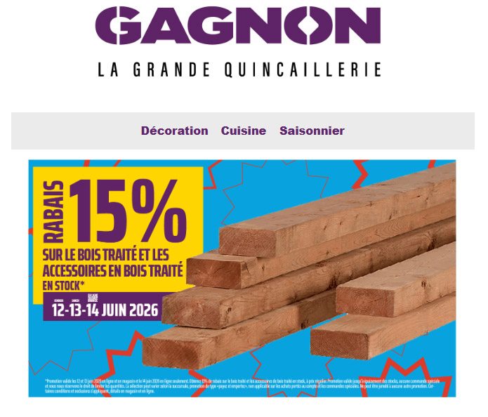 15% sur le bois traité et les accessoires de bois traité !