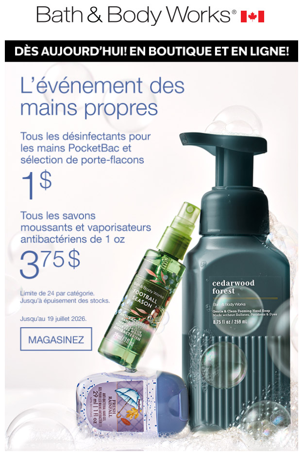 Des mains propres avec les offres à 1 $ et plus