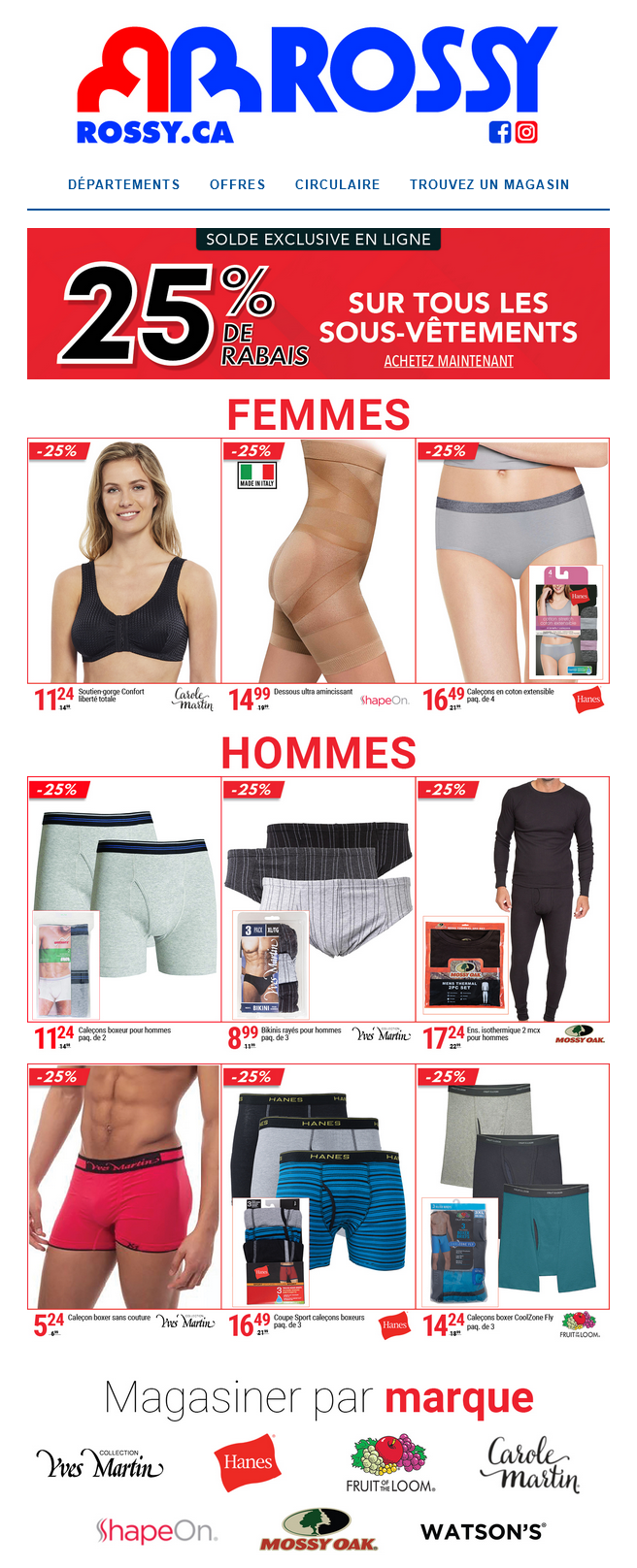 Retour au confort ! - 25 % de rabais sur les sous-vêtements et pyjamas chez Rossy
