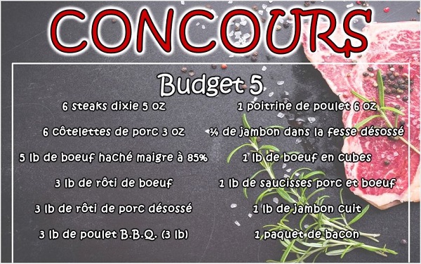 Concours Gagnez un plan budgétaire d'une valeur 150$ à la Boucherie Villeneuve!