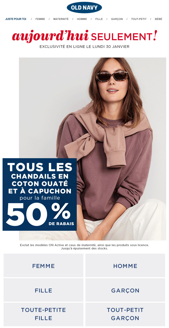 Wow! MOITIÉ PRIX SUR TOUS les Cotons ouatés et les Chandails à Capuchon