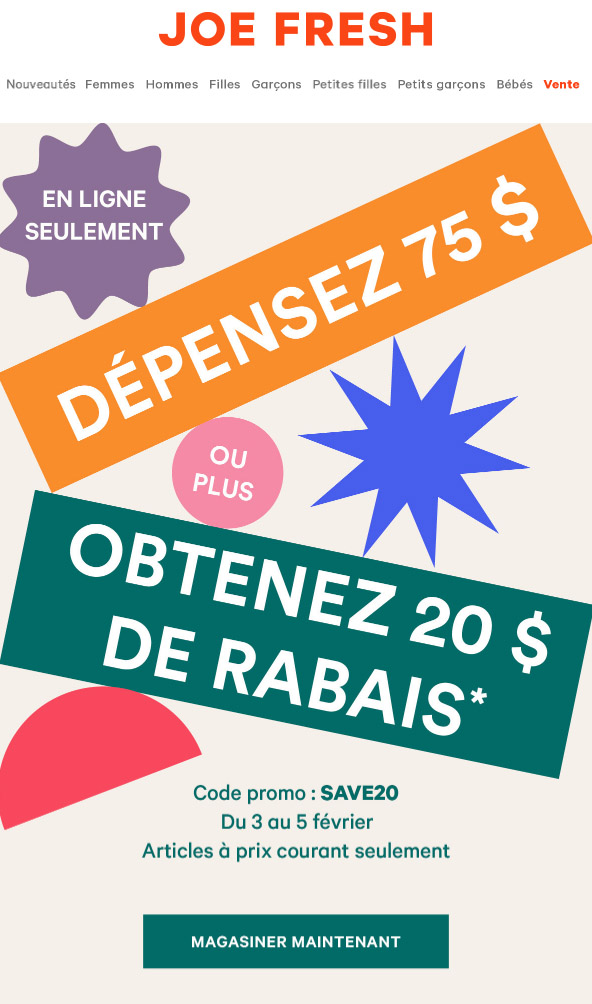 En Ligne Seulement: dépensez 75 $+, obtenez 20 $ de Rabais