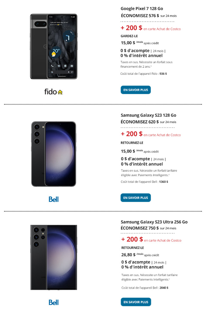 Costco : Offres du Mois de Mars sur les Téléphones Intelligents