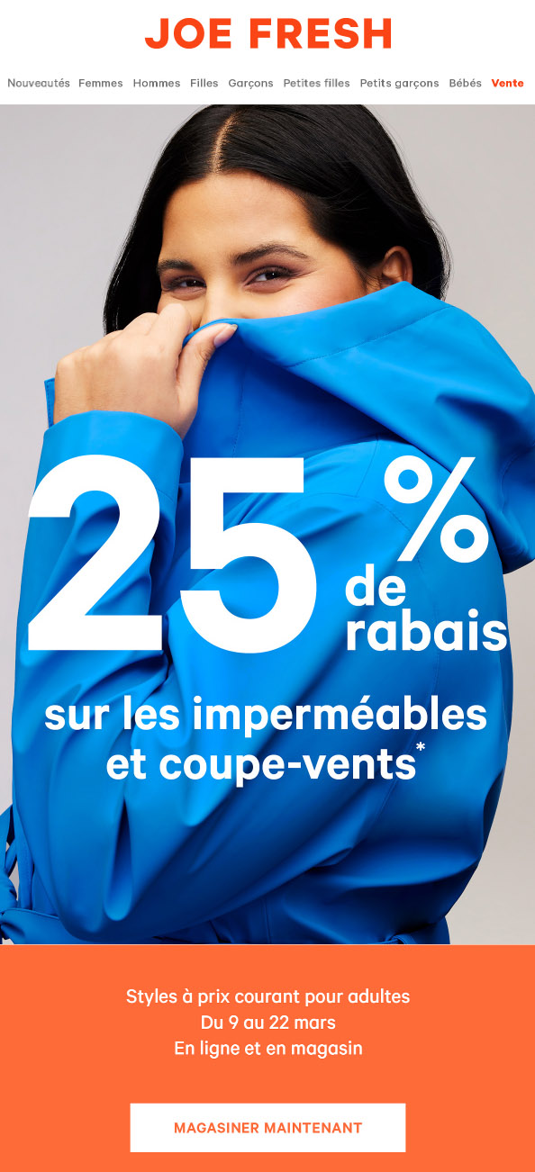 25 % de Rabais sur les Articles contre la Pluie pour Adultes