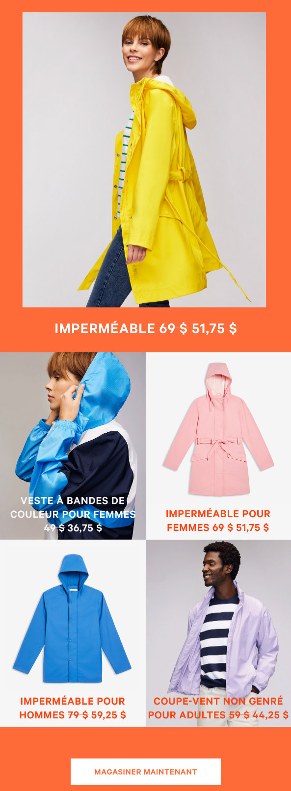 25 % de Rabais sur les Articles contre la Pluie pour Adultes