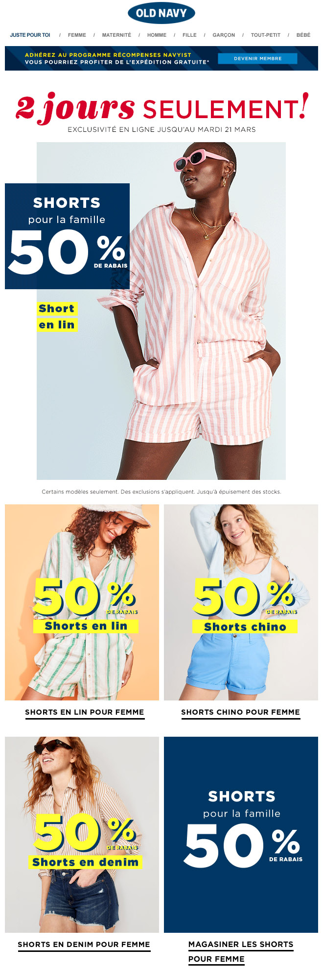 Avis : SHORTS à 50 % DE RABAIS