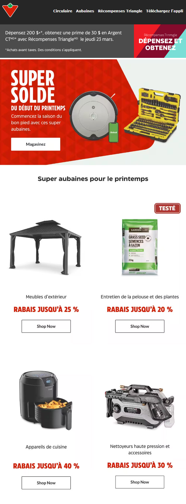 Aujourd’hui Seulement : Dépensez 200 $, obtenez une Prime de 30 $ en Argent CTMD.